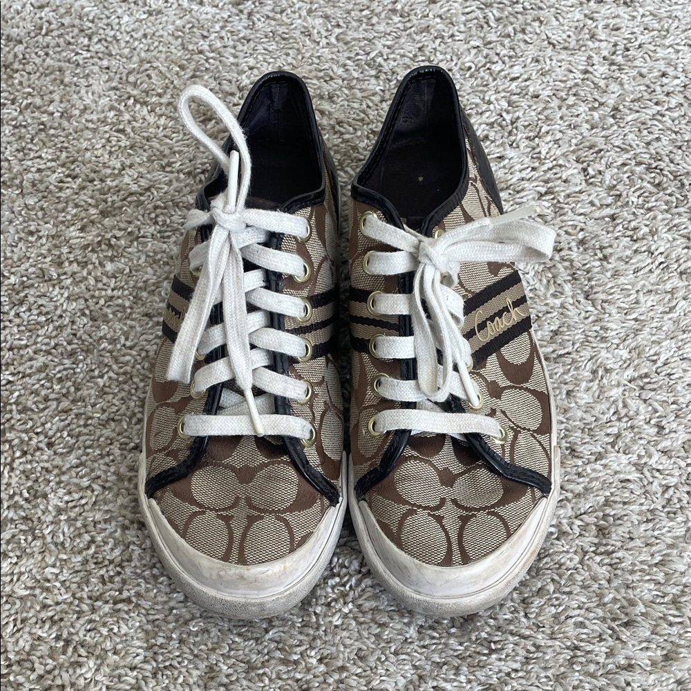 Coach Tan and Black Monogram Logo Sneakers